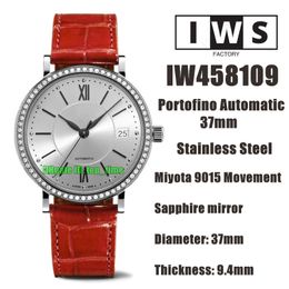 IWSF Montres de qualité supérieure 37 mm en acier inoxydable Miyota 9015 Montre automatique pour femme 458109 Lunette en diamant Cadran argenté Bracelet en cuir Montres-bracelets pour dames