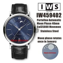 IWSF Montres de qualité supérieure 40 mm en acier inoxydable Phase de lune Cal.35800 Montre automatique pour homme 459402 Cadran bleu Bracelet en cuir Montres-bracelets pour hommes