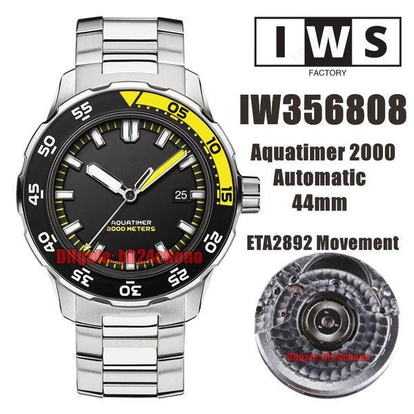 IWSF Relojes de primera calidad 44 mm Aquatimer 2000 ETA Cal.2892 Reloj automático para hombre 356808 Dial negro Pulsera de acero inoxidable Relojes de pulsera para caballero