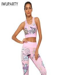 IWUPARTY 2 pièces mignon rose impression Yoga ensemble femmes entraînement tenue de Sport ensembles Sport Fitness haut court Leggings course dames costume 2015777015