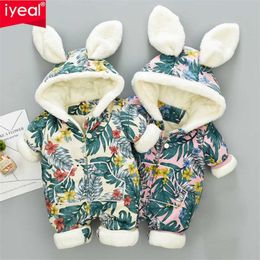 Iyeal 3D Konijnen Oren Hooded Baby Rompertjes Winter Thicken Jongens Kostuum Meisjes Warme Zuigeling Snowsuit Kid Jumpsuit Kinderen Bovenkleding 211118