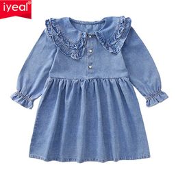 Iyeal Baby Meisjes Kid Denim Borduurwerk Peter Pan Collar Lange Mouw Jurken Peuter Baby Kids Meisjes Kleding voor 3-12 jaar Q0716