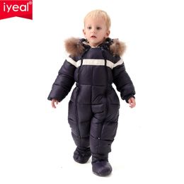 IYEAL Niños Bebés Niños Prendas de abrigo Abrigos Invierno Cálido Monos Mamelucos para niños pequeños Cuello de piel real Niños Niñas Traje de nieve a prueba de viento 201029