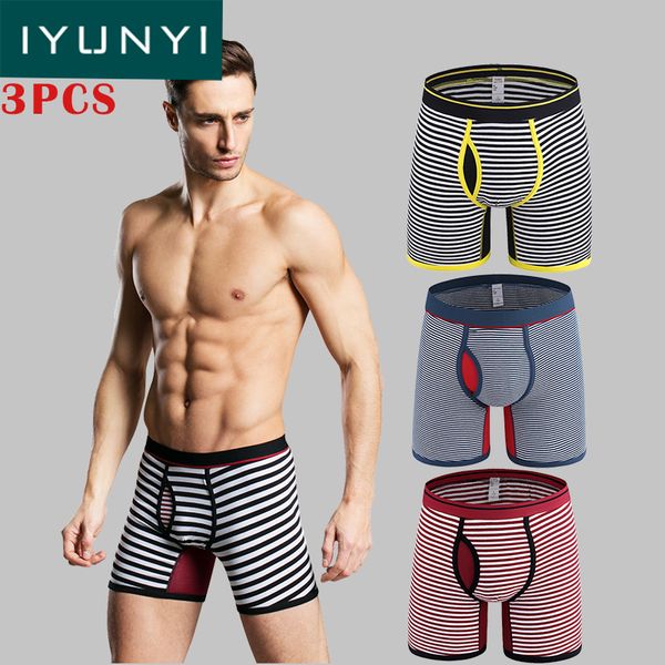 IYUNYI 3 Pcs \ lot Hommes Long Boxer Coton Rayé Boxer Shorts Hommes Sous-Vêtements Mi Taille Culotte Longue Jambe Shorts