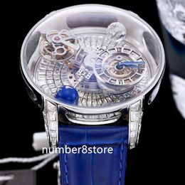 JC Astronomia Herenhorloge Tourbillon Baguette Witte diamanten Oversize 47 mm Automatische blauwe skeletachtige wijzerplaat Saffierkristal Zwitsers polshorloge