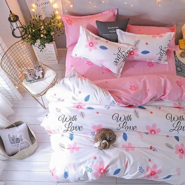 J Pink Flower 4pcs Girl Boy Kid Juego de cubierta de cama Funda nórdica Sábanas y fundas de almohada para niños adultos Juego de cama de edredón 2TJ-61017 201021