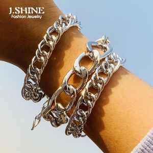 J.Shine 3pcs / set Punk Chunky grueso MIAMI CORDUR CAÑA Pulseras Brazaletes Dorado Color Link Apilable Muñeca Joyería Charm