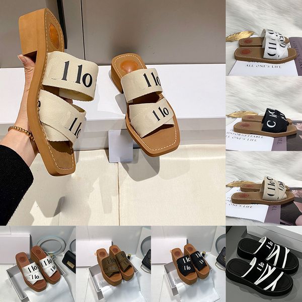 Woody Sandals Designer Slides Tivas Tissu Broidered Lettres Chioe Wood Sandale Bas talons Sandali Femmes Summer Beach Shoes Slippers Sliders