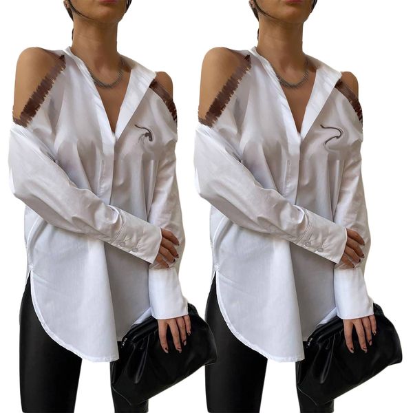 J2799 mode à la mode lettre imprimer Blouses pour les femmes à manches longues épaule ouverte Cardigan boutons décontracté marque chemises minces