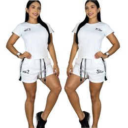 J2998 Fashionable Temperament woon -werkverkeer dames geborduurd shorts met korte mouwen reliëfset set