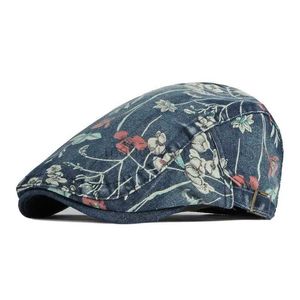 J4SE Berets LdSlyjr Four Seasons Cotton Flower Print Newsboy Caps Flat Peaked Cap Women Painter Beret Hats 16 D24418