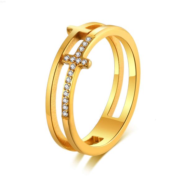 Jachon, venta al por mayor, diseños de anillos de oro cruzados chapados en oro de 18k para mujer, anillo de circonia de acero inoxidable, anillos de joyería de moda