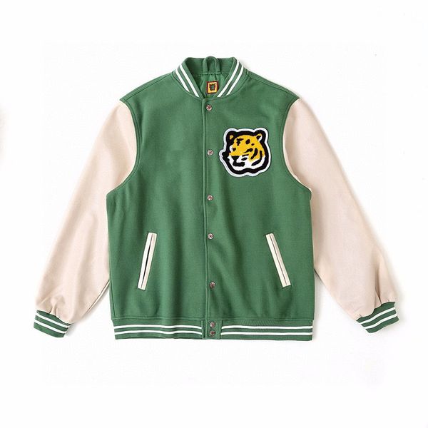 Chaqueta Humans-toalla de cuero de lana hecha, parche bordado, cabeza de tigre, uniforme de béisbol clásico para pareja, verde