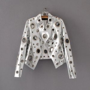 Veste En Cuir Femmes Européenne American Mode Personnalité Hollow Hous Hous Rivet Veste Moto Short Cuir Tops Femme