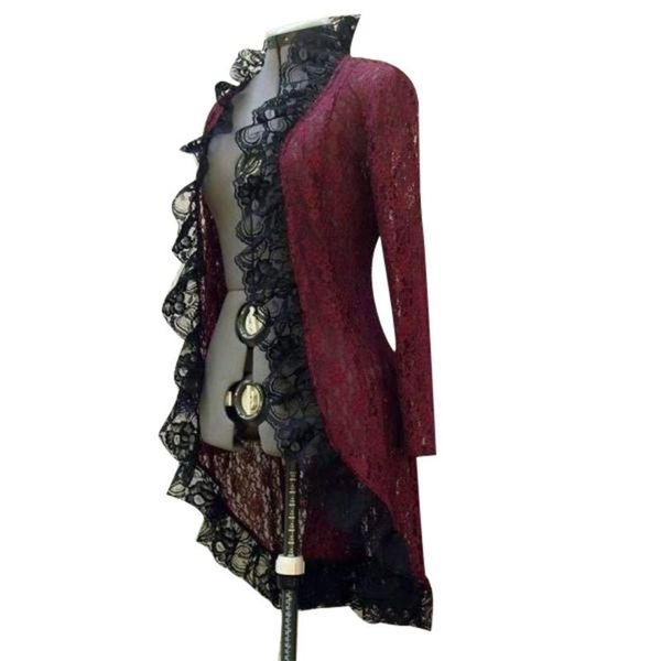 Chaqueta Vestido largo Vintage Mujer Medieval Steampunk Stand Collar Lace Up Cardigan Lady Otoño Negro Rojo Vestidos casuales