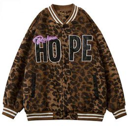 Jas heren luipaard punk coole grote letter patch vintage jas high street harajuku losse outdarse soft cozy harige warme streetwear t220728
