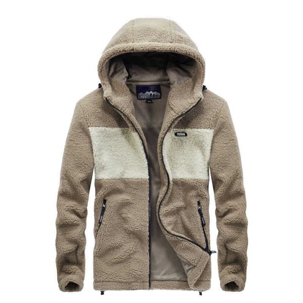 Chaqueta de los hombres Abrigo Casual Solapa Cordero Fleece Fuzzy Faux Shearling Cremallera Cálido Invierno Con Capucha Outwear Chaquetas 210527