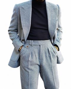 Veste + pantalon automne Causual costume masculin gris Herringb Slim Fit chaud smoking marié Wediing Fi veste pour hommes manteau sur mesure q0La #
