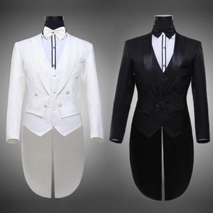 Chaqueta Pantalones Cinturón Hombre Boda Novio Swallowtail Suit Prom Negro Blanco Tuxedo Trajes de vestir formales Conjunto de tres piezas Trajes de hombres Sing263a