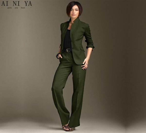 Pantalones de chaqueta Mujeres verde oscuro Suits de negocios Collar chino Damas Formal Suites de pantalones Oficina de uniforme Traje de pantalón femenino1135820
