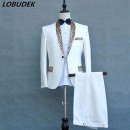 pantalon de veste noire blanc léopard collier de costume masculin hôte de bal de scène formelle costumes chanteur masculin chorus performance tissu 301h