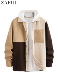 Veste chemise pour hommes Colorblock laine veste col rabattu Streetwear manteaux avec poche avant automne hiver vêtements d'extérieur