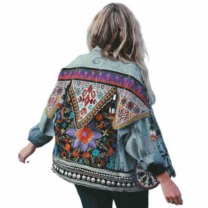 Chaqueta de mujer Primavera Boho Denim para mujer Apliques florales Bordado Abrigo vintage Manga LG Ropa de abrigo Chaqueta femenina Coatee c7xG #