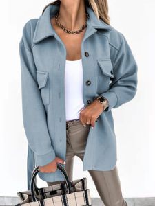 Veste Femmes Couleur Unie Manteau De Laine Simple Boutonnage Bandage Col Rabattu À Manches Longues Costumes Femme Vêtements Lâche Cardigan 220818