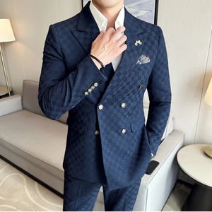Chaqueta y pantalones, 2 piezas, trajes de fiesta de negocios de albaricoque azul para hombre, estilo Formal con doble botonadura, esmoquin para novio de boda hecho a medida 240125