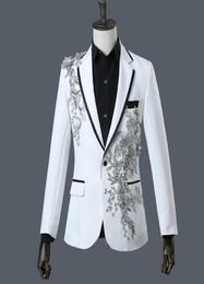 JAADSPAN BUDENS FADE MENSEN SUITS GROOM Wedding Prom Party Black Blue White Slim Costuums Blazers Flower Borduurwerkpeoverlen Mannelijk BLA6989789