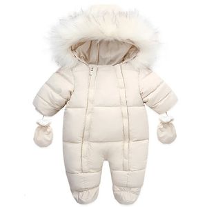 Vestes 0 24 mois né bébé combinaison hiver coton barboteuse avec gants à capuche épaissir garçons Snowsuit fille vêtements ensemble 231117