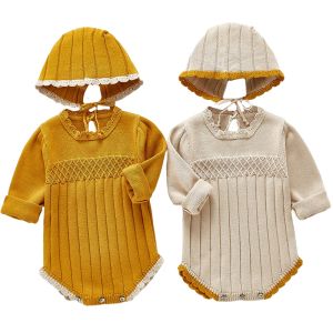 Chaquetas 03 años, mamelucos de punto para niña, primavera y otoño, ropa infantil de moda de manga larga para bebé, mamelucos y sombrero de Color puro para niña