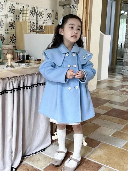 Chaquetas de 2 a 10 años, vestido de lana para niñas, prendas de vestir holgadas con bordado azul, abrigo para bebés pequeños, chaqueta de manga larga para otoño 3 4 5 6 7