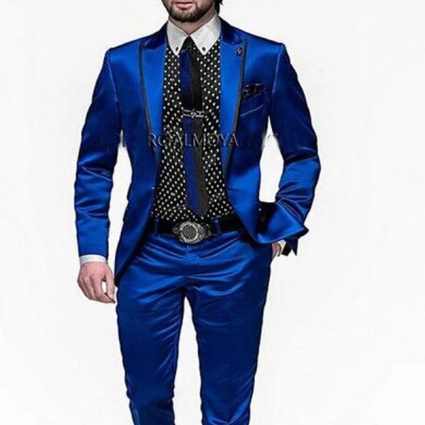 Vestes Tuxedo de mariage 2 pièces pour le marié Slim Fit Men Suit Royal Blue Satin Male Veste de mode avec pantalon