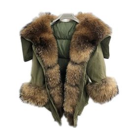 Jackets 2020 Nieuwe Fur Angel Wings Real Raccoon Bur Coat Women Fur Parka Army Green Full Pelt Raccoon Fox Fur Coats Down Jacket