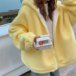 Chaquetas con capucha para mujer, abrigo grueso de terciopelo que combina con todo, abrigo suelto de lana de cordero para otoño e invierno, chaqueta dulce y bonita de color amarillo puro 2022