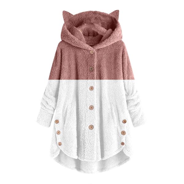 Vestes 2022 manteau femme chaud velours peluche vestes d'hiver oreilles de chat mignon à capuche ourlet irrégulier boutons veste Patchwork polaire manteaux