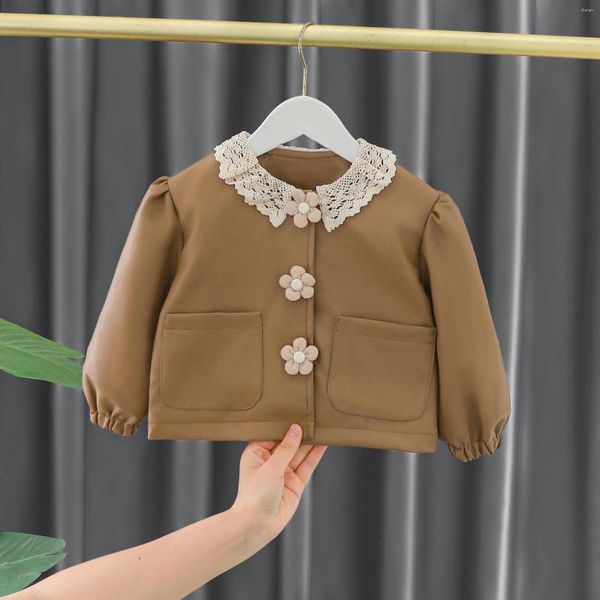 Chaquetas de otoño 2023, abrigo para niña, cuello de encaje liso, chaqueta de cuero con bolsillo decorativo de flores, prendas de vestir exteriores cortas versátiles a la moda para bebé