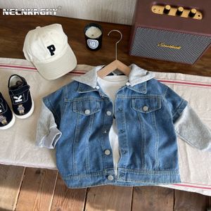 Vestes 2023 automne chez les enfants bébé garçons à manches longues dessus patchwork manteau enfants veste en jean à boutonnage unique chapeau vêtements d'extérieur 17Y 230904