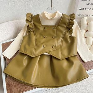 Jassen 2023 Baby Meisjes PU Kleding Set Vest Rokken Elegant Meisje Kinderen 2 stuks Pakken Kinderen Verjaardag Kleding