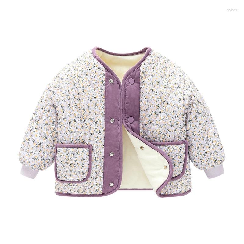 Jackets 2023 Kinder katoenen jas Girls Gedrukte korte fleece jas mode mode met een borsten met borsten