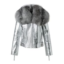 Jackets 2023 Echte lederen bomberjack Winter Fox Fox Collar Raccoon Fur Real Leather Jacket Women Lady Streetwear Leather Coats