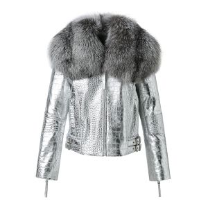 Chaquetas Chaqueta Bomber de piel auténtica para mujer, abrigos de piel de mapache con cuello de piel de zorro para invierno, ropa de calle, abrigos de cuero 2023