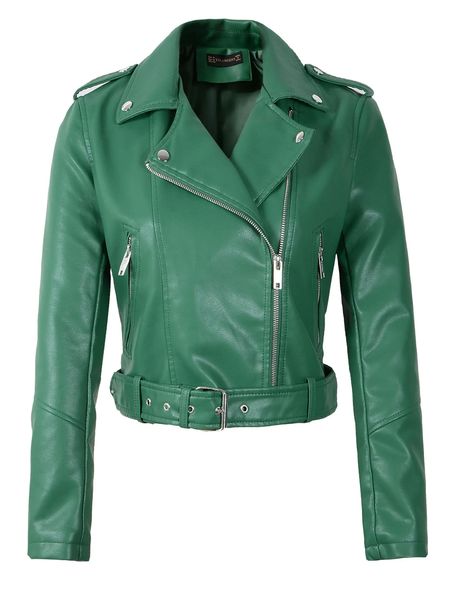 Vestes 2023 nouvelles femmes automne hiver Faux vestes en cuir souple dame blanc rouge noir vert PU fermetures à glissière moto manteaux de rue avec ceinture