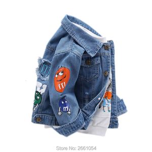 JACKETS 2023 Veste d'enfants de printemps Denim Boys Broken Hole Jean Kids Vêtements Baby Mabet Casual Cartoon Lettre de vêtements d'extérieur 230817