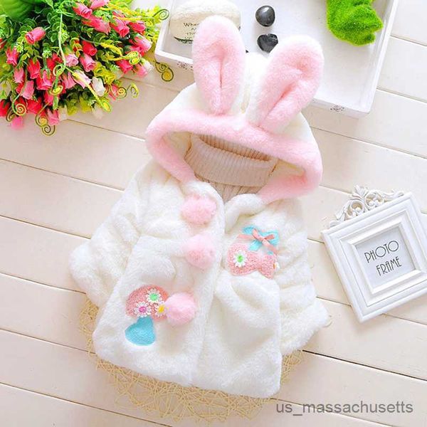 Vestes 2023 Hiver Enfants Veste Vestes Girl Rabbit Hooded Fleur Broderie Anime Baby Overcoat Kids Cotton Warm Infant Planter Mabet R230812