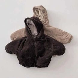 Jackets 2023 Invierno Nuevo abrigo con capucha de pana de bebé más terciopelo engrosado Lden Solid Casual Chaqueta para niños Niños Cardigan Cardigan H240508