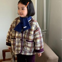 Jassen 2023 Winter Warm Kinderen Plaid Lange Mouw Vintage Pluche Jas Dikke Baby Meisjes Casual Kleding Kinderen Jongens Katoenen Gewatteerde jas