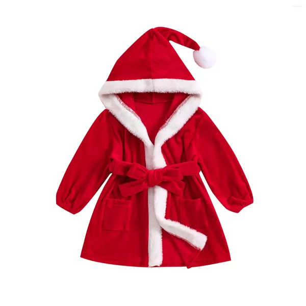 Vestes 2024 0-4Y bébé filles manteaux de noël Robe enfant en bas âge rouge à manches longues fourrure contraste couleur à capuche velours peignoir avec ceinture