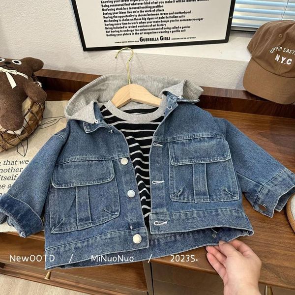 Chaquetas 2024 Otoño Ropa de boutique para niños Jeans Abrigo Chaqueta de color sólido Sudadera con capucha Jersey de moda Casual Todo fósforo Un solo pecho